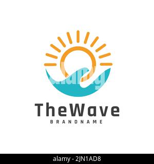 Simple ocean wave vector illustration design, sun symbol, logo design template Stock Vector