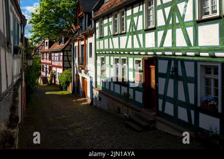 Cobblestone street in historic Idstein (typical German half-timbered town) Stock Photo