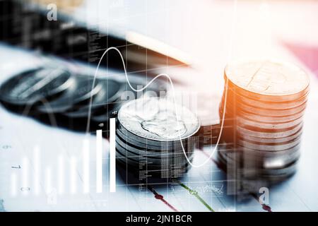 Money and business concept. Financial charts on the background of documents with money. Stock Photo