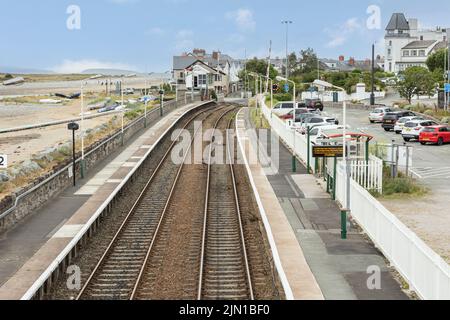 Deganwy  north Wales united kingdom 01 August 2022 from the passenger bridge Deganwy railway station and singnal box tracks leading away platforn one Stock Photo