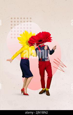 Vertical composite collage illustration of two overjoyed people dancing flowers instead head isolated on painted background Stock Photo