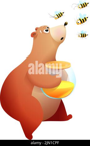Emotional Bear with Honey Jar and Bees Stock Vector