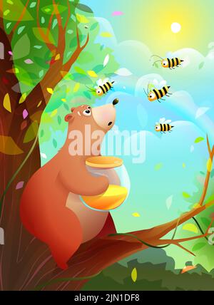 Bear Sitting on Tree with Honey Jar and Angry Bees Stock Vector