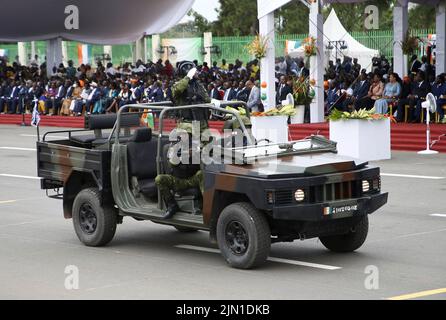 Yamoussoukro, Cote d'Ivore. 7th Aug, 2022. Soldiers attend a military parade marking the 62nd anniversary of Cote d'Ivoire's independence in Yamoussoukro, Cote d'Ivore, Aug. 7, 2022. Credit: Yvan Sonh/Xinhua/Alamy Live News Stock Photo