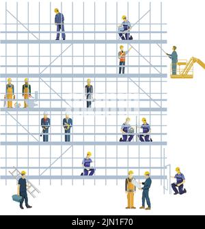 Handyman and builder on a scaffolding, isolated on white, illustration Stock Vector