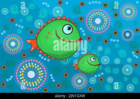 Aboriginal dot art painting with fish. Underwater life concept. Sea with fishes in decorative ethnic style. Australia aboriginal style of dot painting Stock Vector