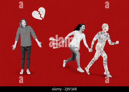 Collage image picture of tree person crisis conflict romantic relationship pair split up isolated on painting red color background Stock Photo