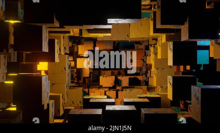 Black yellow rusted metallic grunge texture with square cubes mosaic background panorama banner Stock Photo