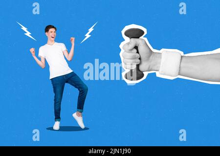 Collage image of funny guy dude want start sport life imagine strong muscular arm body isolated on painting color background Stock Photo