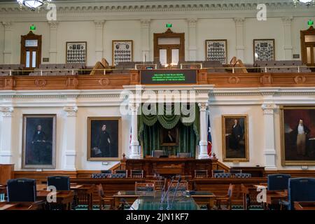 Austin, Texas - May 22, 2022: Inside the Senate Chamber of the Texas State Capitol building in Austin, Texas Stock Photo