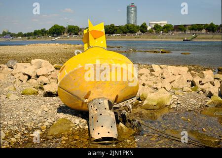 Low stream gauge of river rhine in germany.Water shortage, drought, climate change and global warming concept. Stock Photo
