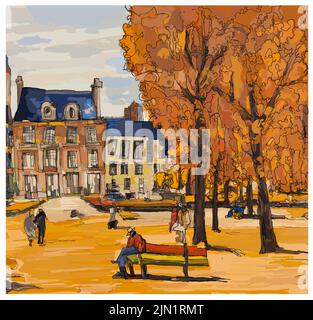 Original composition in red and yellow about Place des Vosges in Paris - vector illustration (Ideal for printing on fabric or paper, poster or wallpap Stock Vector
