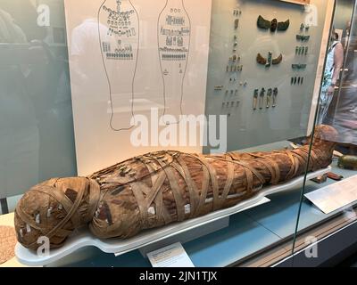 Mummy of Man with Amulets on a Frame at British Museum Stock Photo