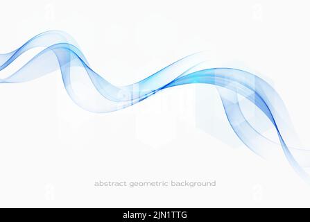 Blue transparent wave flow with transparent geometric shapes.Abstract background Stock Vector