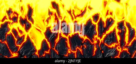 Realistic lava flame on black ash background. Texture of molten magma surface Stock Photo