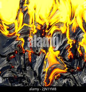 Realistic lava flame on black ash background. Texture of molten magma surface Stock Photo