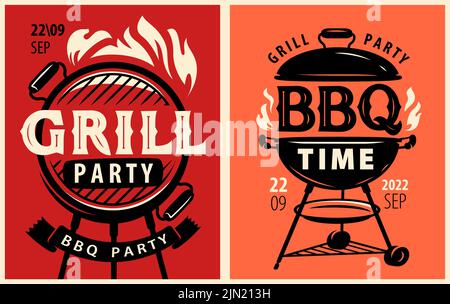 BBQ cookout flyer or poster template design set. BBQ time. Grill party. Food concept, retro vector illustration Stock Vector