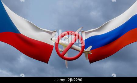No travel by plane closed sky between Czech and Russia, Air travel banned between Czech and Russia, sanctions on Russian flights, closed sky from Russ Stock Photo