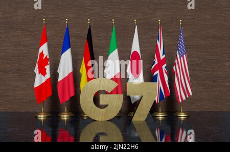 G7 summit. flags of members of G7 group of seven and list of countries ...