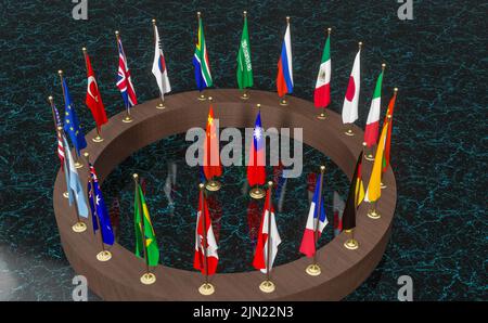 Flags G20 membership , Concept of the G20 summit or meeting, G20 countries , Group of Twenty members against war China and Taiwan, 3d illustration and Stock Photo
