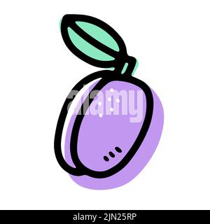 Doodle ripe plum. Violet berry with leaf isolated on white background. Hand-drawn fruit. Symbol of summer, healthy raw food, gardening, market. Fresh Stock Vector