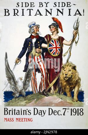 Side by side – Britannia! Britain’s Day Dec. 7th 1918 Mass Meeting (1918) by James Montgomery Flagg. American World War I era poster Stock Photo