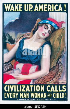 Wake up America! Civilization calls every man, woman and child! (1917) by James Montgomery Flagg. American World War I era poster Stock Photo