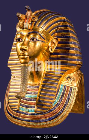 Funeral mask of pharaoh Tutankhamun on blue background. Egyptian King Tut Stock Photo