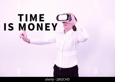 Text sign showing Time Is Money. Conceptual photo Better to do things as quickly as possible Do not delay Woman Wearing Vr Glasses And Pointing On Stock Photo