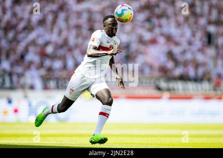 Stuttgart, Germany. 07th Aug, 2022. Soccer: Bundesliga, VfB Stuttgart - RB Leipzig, Matchday 1, Mercedes-Benz Arena. Stuttgart's Silas Katompa Mvumpa in action. Credit: Tom Weller/dpa - IMPORTANT NOTE: In accordance with the requirements of the DFL Deutsche Fußball Liga and the DFB Deutscher Fußball-Bund, it is prohibited to use or have used photographs taken in the stadium and/or of the match in the form of sequence pictures and/or video-like photo series./dpa/Alamy Live News Stock Photo