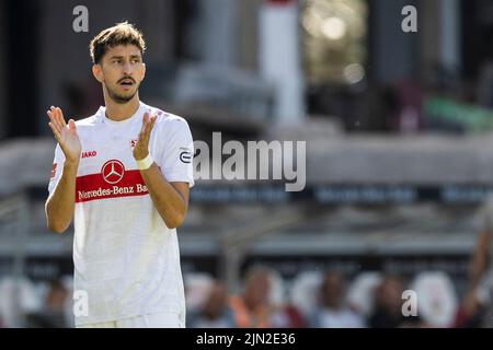 Stuttgart, Germany. 07th Aug, 2022. Soccer: Bundesliga, VfB Stuttgart - RB Leipzig, Matchday 1, Mercedes-Benz Arena. Stuttgart's Atakan Karazor gestures. Credit: Tom Weller/dpa - IMPORTANT NOTE: In accordance with the requirements of the DFL Deutsche Fußball Liga and the DFB Deutscher Fußball-Bund, it is prohibited to use or have used photographs taken in the stadium and/or of the match in the form of sequence pictures and/or video-like photo series./dpa/Alamy Live News Stock Photo