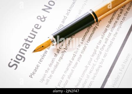 Close up of a vintage fountain pen on a legal document, United States Stock Photo