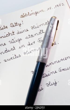 1953 entry in a handwritten journal and Parker fountain pen close-up Stock Photo