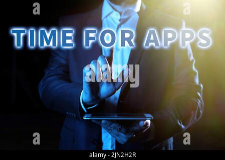 Handwriting text Time For Apps. Business approach The best fullfeatured service that helps communicate faster Businessman Pointing Important Stock Photo