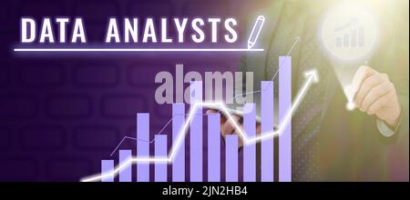 Writing displaying text Data Analysts. Internet Concept Programmer Design and Create Report Identifies patterns Man With Tablet And Digital Bar Graph Stock Photo