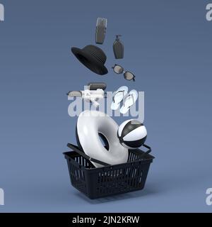 Colorful beach accessories and shopping basket on black and white background. 3D render of summer vacation concept and holidays Stock Photo