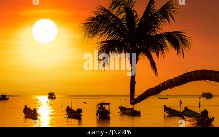 Sunset on Koh Tao Island. Traditional boats and tropical island landscape. Thailand's famous travel and holiday island. Stock Photo