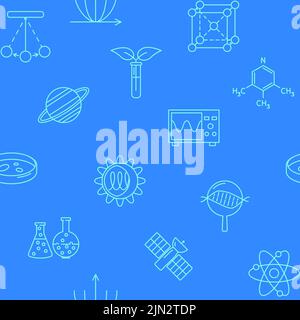 Science seamless pattern in line style. Repeatable background with scientific elements. Vector illustration. Stock Vector