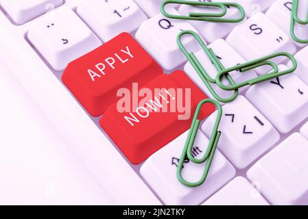 Conceptual display Apply Now. Concept meaning Make a formal application for a job right away Take action -48828 Stock Photo