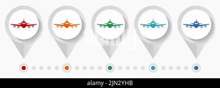 Flight, plane, aircraf concept vector icons, infographic template easy to edit, set of colorful flat design pointers for webdesign and mobile applicat Stock Vector