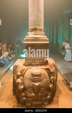 Medusa Head Pillar in the Basilica Cistern or Yerebatan Sarnici. Noise and grain included. Selective focus. Istanbul Turkey - 8.3.2022 Stock Photo