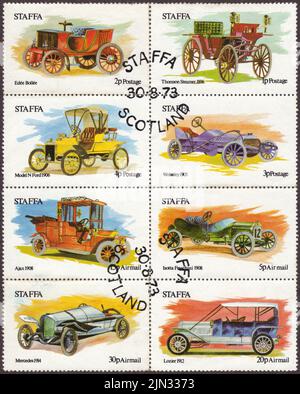 Island of Staffa, Scotland, UK. Complete mini sheet of postage stamps featuring vintage cars. Produced by Clive Feigenbaum. Used & postmarked 1973. Stock Photo