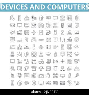 Devices and computers icons, line symbols, web signs, vector set, isolated illustration Stock Vector