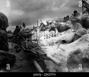 Marines take cover among the dead behind a sea wall on Red Beach #3, Tarawa. The landings on Tarawa were part of the US offensive against the Pacific Islands held by Japan before preparing for an assault on the Japanese mainland. Stock Photo