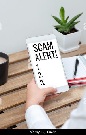 Sign displaying Scam Alert. Word Written on warning someone about scheme or fraud notice any unusual Businesswoman Presenting Crutial Informations On Stock Photo