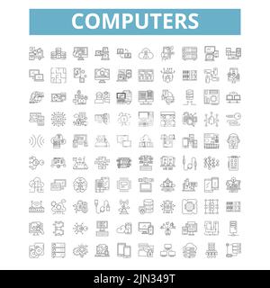 Computers icons, line symbols, web signs, vector set, isolated illustration Stock Vector