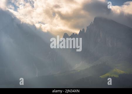 Ethereal green landscape with view of huts and trees on rolling hills and mountains hidden in fog at Sunrise of Alp De Suisi, Dolomites, Italy Stock Photo