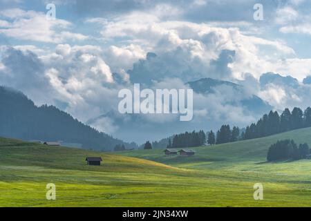 Ethereal green landscape with view of huts and trees on rolling hills and mountains hidden in fog at Sunrise of Alp De Suisi, Dolomites, Italy Stock Photo