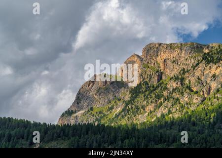 Ethereal green landscape with view of huts and trees on rolling hills and mountains hidden in fog at Sunrise of Alp De Suisi, Dolomites, Italy Stock Photo