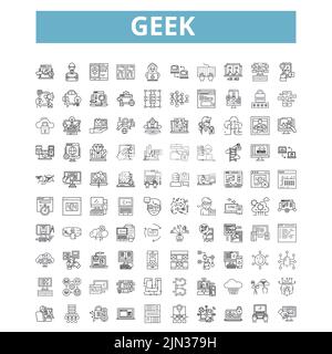 Geek icons, line symbols, web signs, vector set, isolated illustration Stock Vector